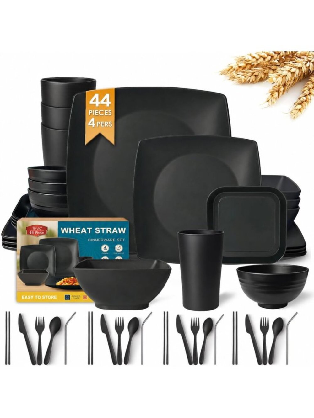 44-Piece Black Dinnerware Set with Flatware, Plates & Bowls for 4 People